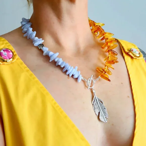 Amber & Agate Feather Pendant Necklace - Picture 2 of 10